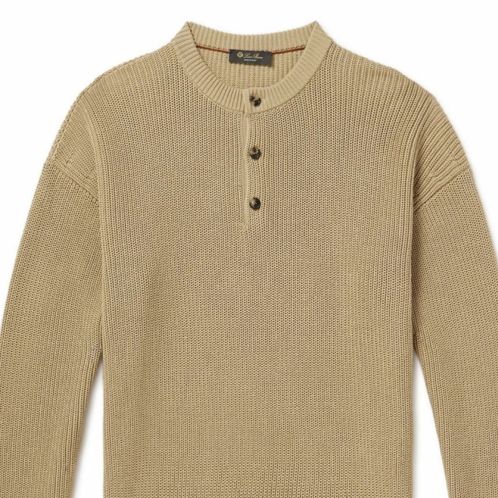 Loro Piana Beige Cotton-Cashmere Henley Sweater - Made in Italy, Size XL